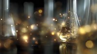 Laboratory glassware with golden liquid and magical sparkles against dark background creates mystical scientific atmosphere with bokeh light effects.