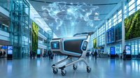 Futuristic smart shopping cart with digital interface in modern airport terminal with holographic world map display and travelers walking around.