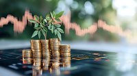 Growing plant on stacked gold coins against financial chart background, symbolizing sustainable investment growth and green financial development.