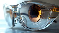 Futuristic transparent eyewear with digital display and glowing orange interface showing advanced technology integration in modern optical device.