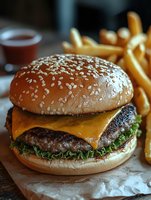 Juicy cheeseburger with melted cheddar, fresh lettuce on sesame seed bun served with golden french fries and dipping sauce on rustic wooden surface. Close up food photography.