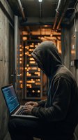 Hooded hacker typing on laptop in dark industrial corridor with glowing lights. Anonymous cybercriminal working on computer in urban underground setting.