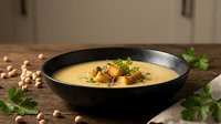 Creamy chickpea soup with herbs and croutons served in black bowl on wooden table, healthy vegetarian meal ready for food photography and culinary content.