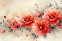 Delicate coral peonies with gray foliage on soft beige background, watercolor style floral composition featuring blooming flowers and buds in romantic arrangement.