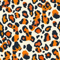 Seamless orange and black leopard print pattern on cream background. Modern abstract animal spots design repeats for fashion, textile and surface patterns.