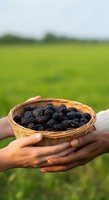 Hands holding wicker basket filled with fresh ripe blackberries against blurred green field background, agricultural harvest and farming concept.