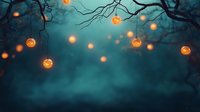 Glowing pumpkin lanterns hanging from bare tree branches in misty dark forest, creating magical Halloween atmosphere.