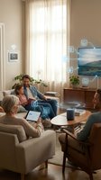 Modern family enjoying smart home technology with connected devices and wireless network icons in cozy living room setting for IoT lifestyle.
