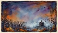 Halloween spooky landscape with haunted mansion, bare trees, flying bats and jack-o-lanterns under dramatic twilight sky for seasonal horror decorations.