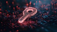 Digital glowing key on circuit board background with red light effects and network connections, representing cybersecurity and data protection concept.