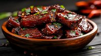 Glazed pork belly chunks in dark soy sauce with green onions served in wooden bowl, close up view of traditional Asian cuisine on dark background.