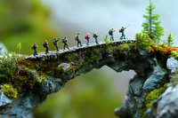 Miniature hikers with backpacks crossing stone bridge in moss landscape, creative tilt-shift photography for travel and adventure concepts.