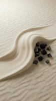 Smooth white ceramic wave flowing across textured sand with scattered black geometric cubes, creating minimalist zen composition for wellness, spa, and meditation design projects.