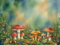 Watercolor illustration of red and golden mushrooms with ferns, berries, and woodland plants in a lush forest setting for nature-themed designs.