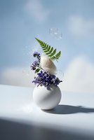 Minimalist white ceramic vase with purple wildflowers and green fern against soft blue sky background for modern home decor and botanical design projects.