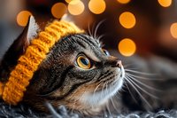 Adorable tabby cat wearing cozy orange knitted winter hat with warm bokeh lights creating festive holiday atmosphere for seasonal pet photography.