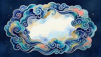 Watercolor celestial cloud frame with swirling blue tones and golden accents on dark navy background, featuring empty center space for text.