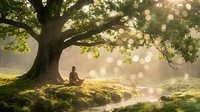 Person meditating under large tree with golden sunlight and bokeh effects creating peaceful spiritual atmosphere for wellness and mindfulness content.