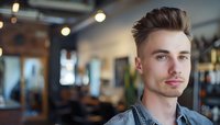 Young Caucasian man with styled hair in modern barbershop or salon with blurred interior background. Professional haircut result.