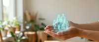 Female hands holding glowing holographic family figures representing health insurance, life protection and care services in modern home interior.