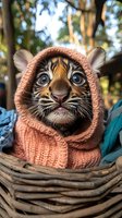 Baby tiger cub wrapped in pink knitted hood looking up with big blue eyes, close-up portrait in wicker basket against blurred forest background.