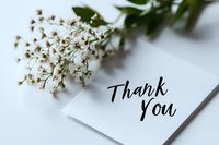 Handwritten thank you note with delicate white baby's breath flowers on white background, creating minimal composition for greeting cards and appreciation messages.