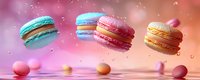 Colorful macarons floating in pink dreamy space with water droplets and candy spheres, creating sweet fantasy atmosphere for bakery promotion.