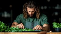 Professional male chef with long wavy hair and beard preparing fresh green herbs in modern restaurant kitchen wearing apron for culinary cooking preparation.