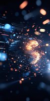 Abstract digital particles with glowing orange sparks and blue bokeh lights creating dynamic motion effect against dark background. Suitable for tech concepts.
