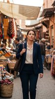 Professional businesswoman walking through traditional marketplace with colorful textiles and spices, cultural tourism and business travel concept.