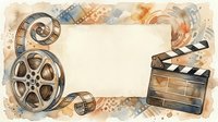 Vintage film reel, clapperboard and filmstrip arranged around blank cream center space with watercolor film industry elements and retro cinema aesthetic.