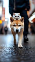 White Persian cat sitting on Shiba Inu dog's head while walking on urban street. Unusual animal friendship captured in atmospheric evening lighting with bokeh effect.
