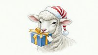 Adorable white sheep wearing red striped Santa hat holding blue gift box with yellow ribbon bow isolated on transparent background for holiday designs.