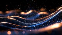 Glowing waves of light with sparkles and bokeh effects create magical abstract background in dark blue and golden colors. Cosmic energy flow pattern.