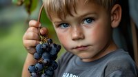 Young boy with freckles and bright blue eyes holding fresh bunch of dark purple grapes in garden setting, wearing gray t-shirt, natural summer lighting creates moody atmosphere.