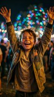 Joyful young boy with arms raised celebrating at night festival with colorful bokeh lights background. Happy child expressing excitement and freedom outdoors.