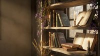 Rustic wooden bookshelf with vintage books and dried flowers in warm sunlight creating cozy reading nook atmosphere for home decor and interior design.