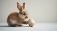 Adorable baby bunny with light brown fur examining large white egg on neutral background, sweet Easter holiday composition for greeting cards and seasonal designs.