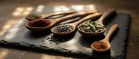 Assorted colorful spices and seasonings in wooden spoons arranged on dark slate board for culinary cooking and food preparation in kitchen.