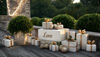 Elegant white gift boxes with gold ribbons arranged on wooden deck, surrounded by boxwood plants in ceramic pots and golden ornaments, creating romantic atmosphere.