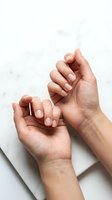 Close-up of well-groomed female hands with natural nude manicure on marble background, showcasing nail care and beauty treatment.