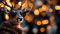 Cool deer wearing sunglasses against blurred golden bokeh lights background, festive holiday atmosphere with glitter and sparkle decorative elements.
