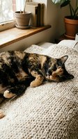 Tortoiseshell cat resting on a cozy knit blanket near a sunny window with houseplants, capturing a warm and peaceful home atmosphere.