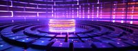 Glowing cryptocurrency coin on computer keyboard with futuristic neon lighting effects and circular pattern, digital finance concept in purple and blue tones.