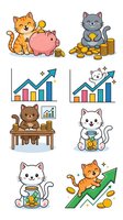 Cartoon cats and piggy bank with coins, growth charts, and financial success symbols representing wealth, savings, and investment gains.