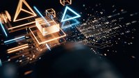 Digital transformation concept with glowing geometric shapes and data streams flowing through dark space for technology presentations.