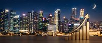 Urban skyline at night with illuminated skyscrapers reflected in water, featuring an upward trending arrow chart symbolizing financial growth and business success.