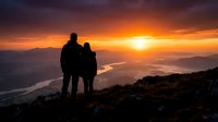 Couple silhouettes watching dramatic sunrise over mountain valley with golden orange sky and misty landscape below from rocky summit viewpoint.