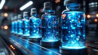 Glowing blue liquid in glass bottles arranged in row on futuristic laboratory table with bokeh lights background creates mystical scientific atmosphere.