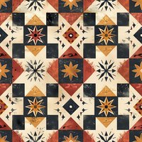 Geometric folk pattern with stars and floral motifs in terracotta, black and beige colors. Seamless repeat design with distressed texture creates vintage ethnic style.